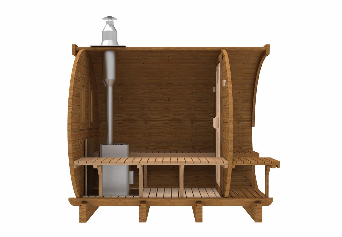 Holvi 240 cutaway side view shown with a wood fired stove