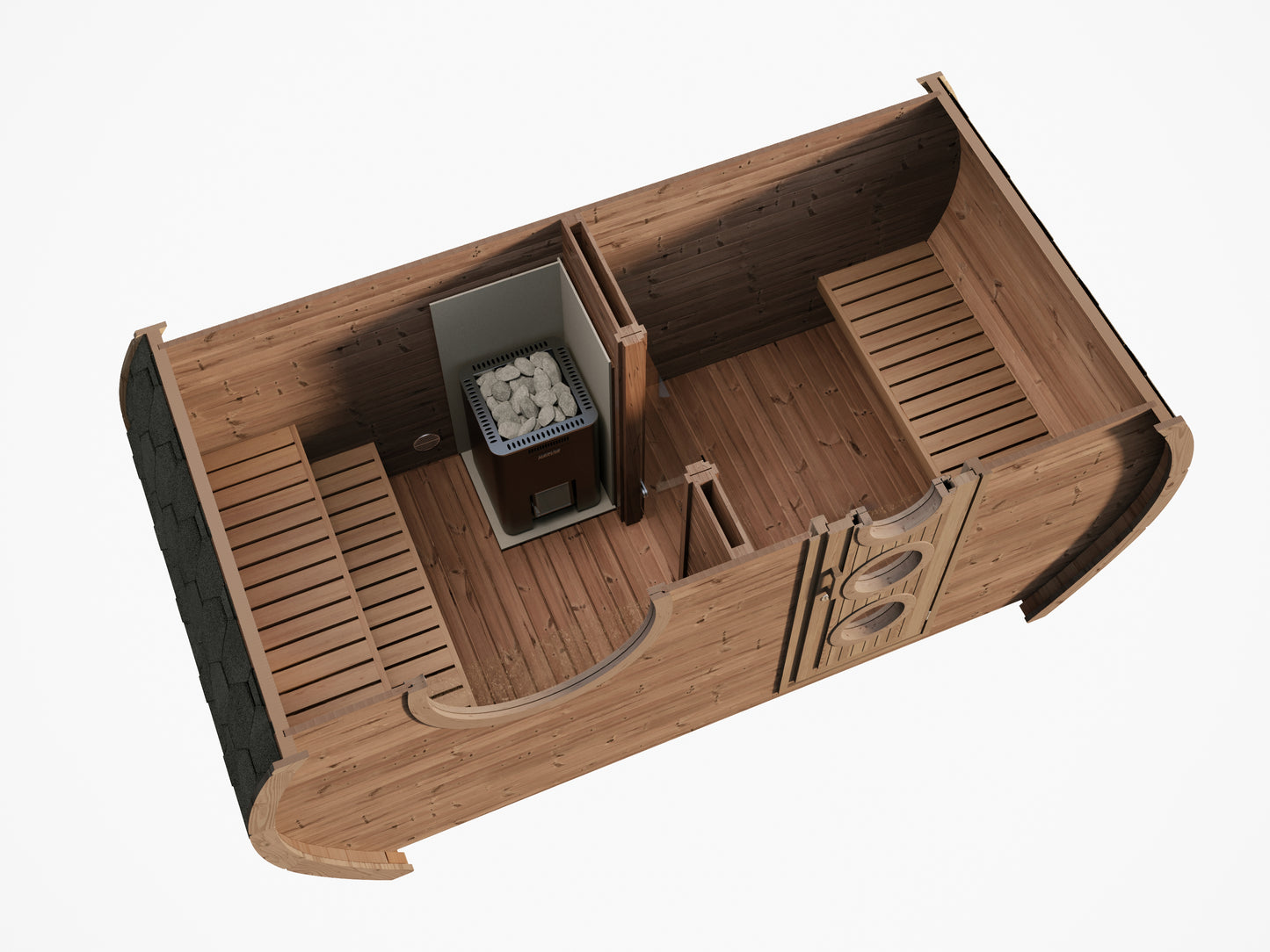 Frodo 195 oval sauna end elevation showing stainless steel bands and flue