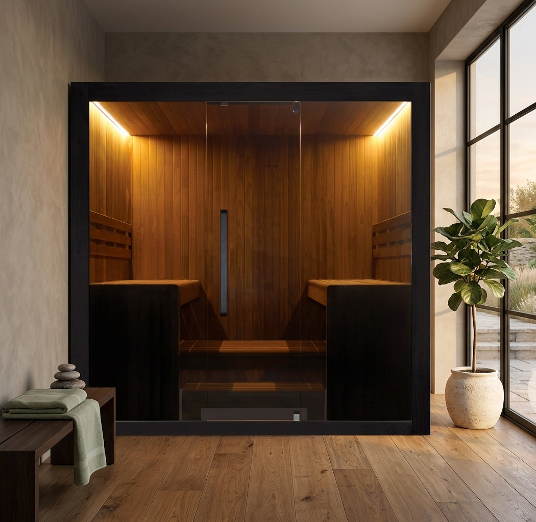 Hekla Traditional 220 indoor sauna in an indoor wellness room opening onto a stone terrace at golden hour