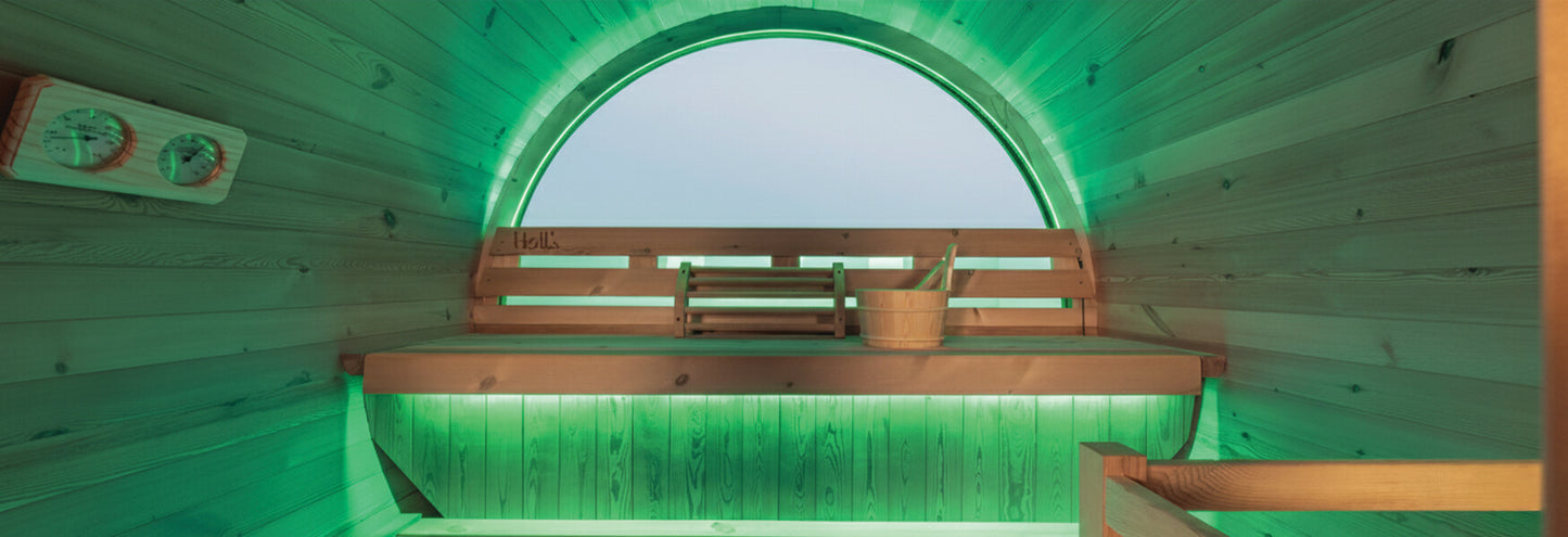Holl's Orphee outdoor barrel sauna in thermo-treated wood
