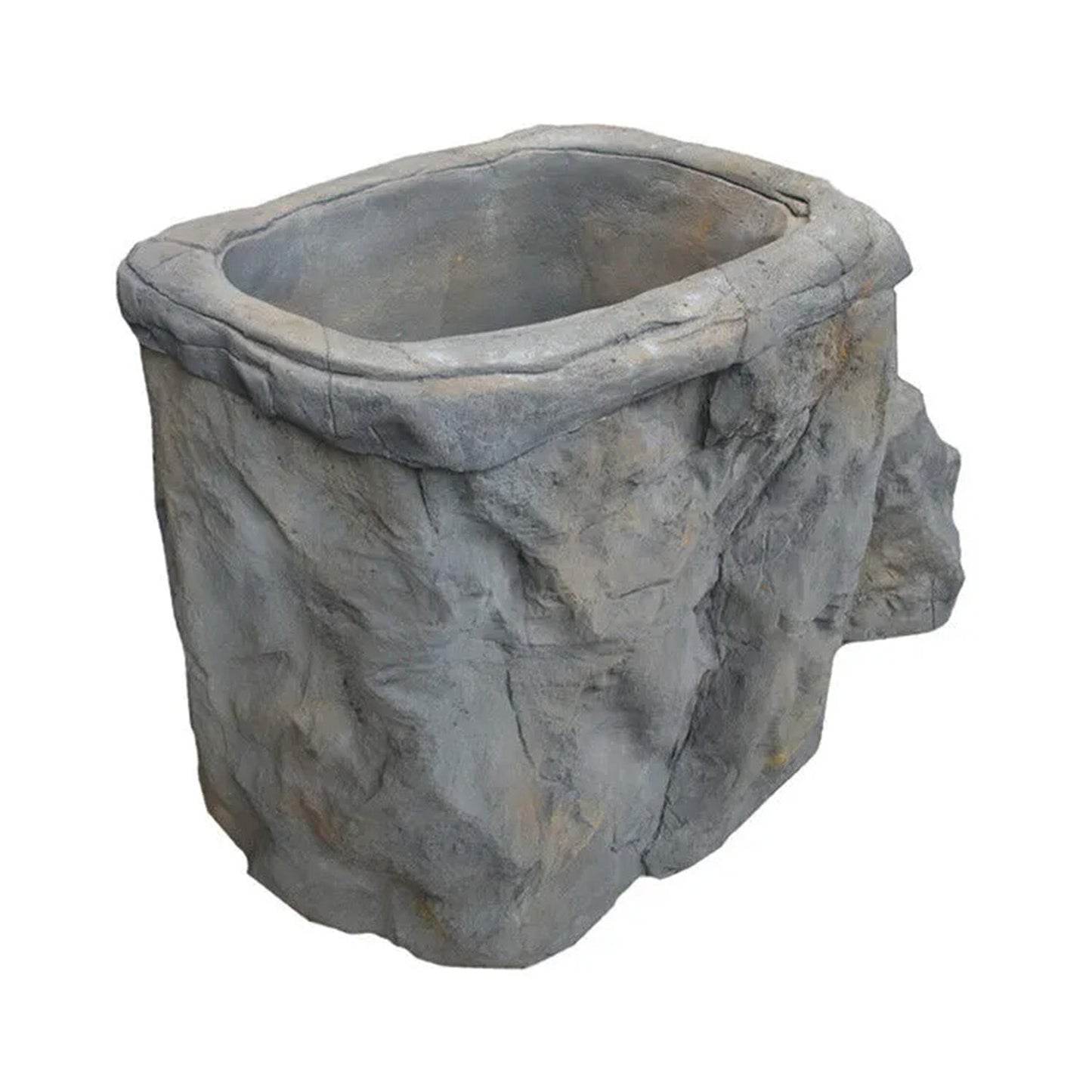 Ice bath moulded to look like a weathered grey rock, with a rugged textured exterior and a smooth interior