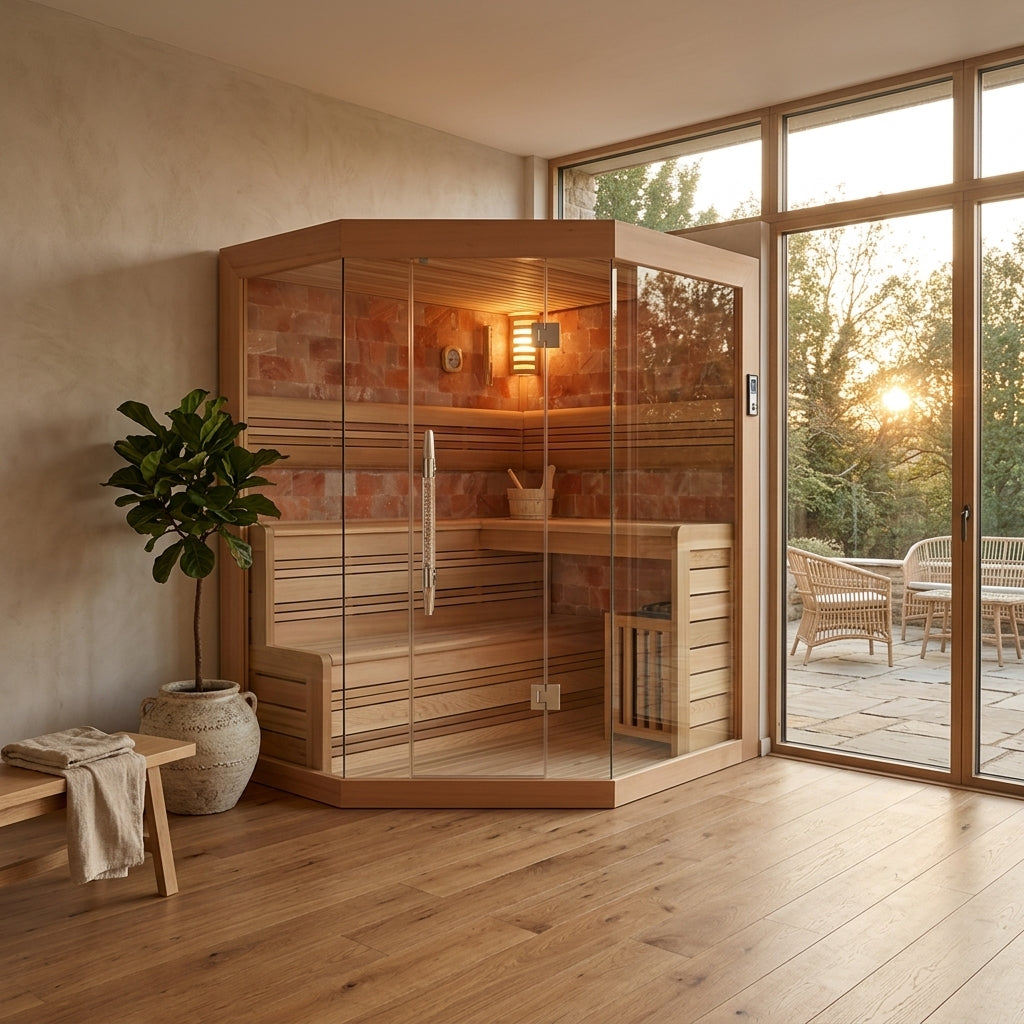 Salo Indoor Sauna indoor sauna in an indoor wellness room opening onto a stone terrace at golden hour