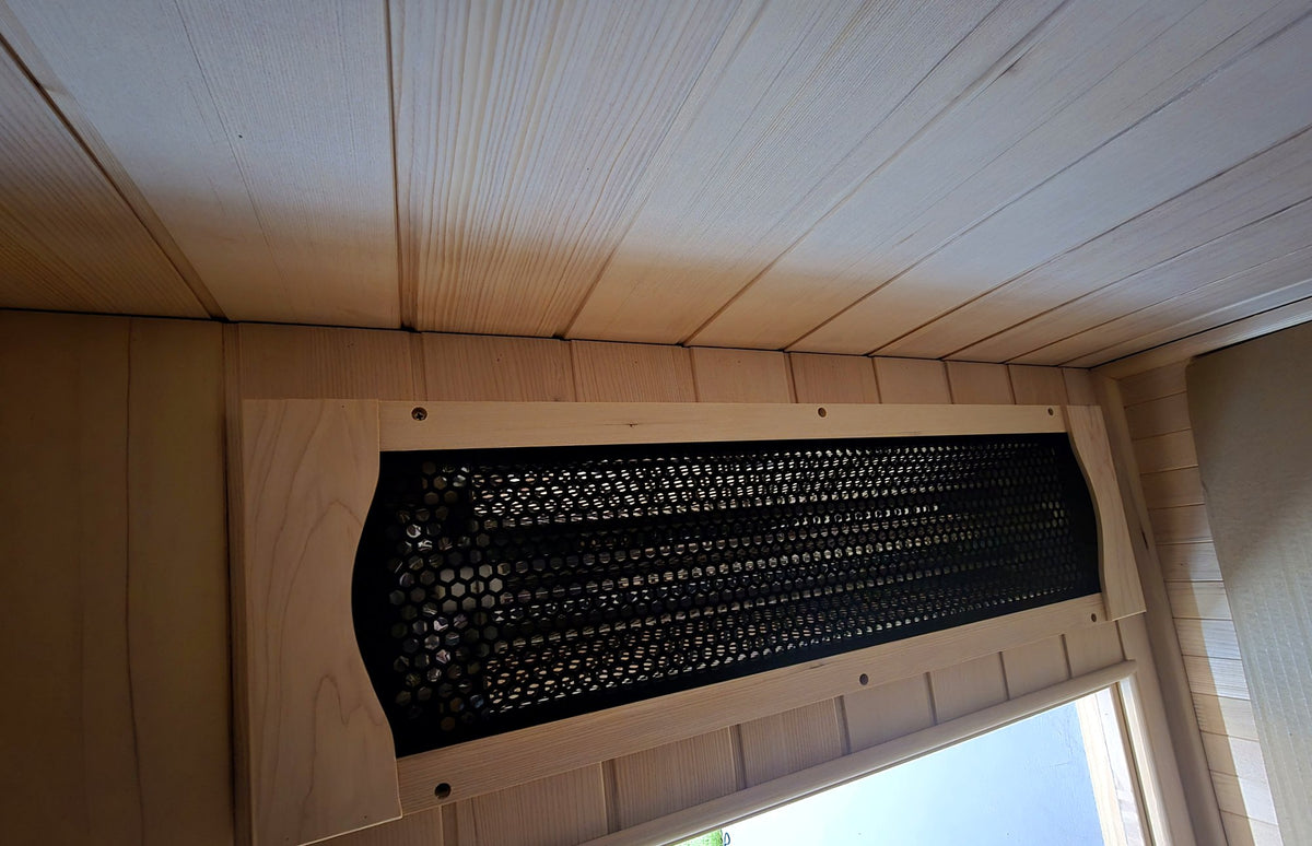 Full-spectrum infrared heater panel behind a protective mesh screen