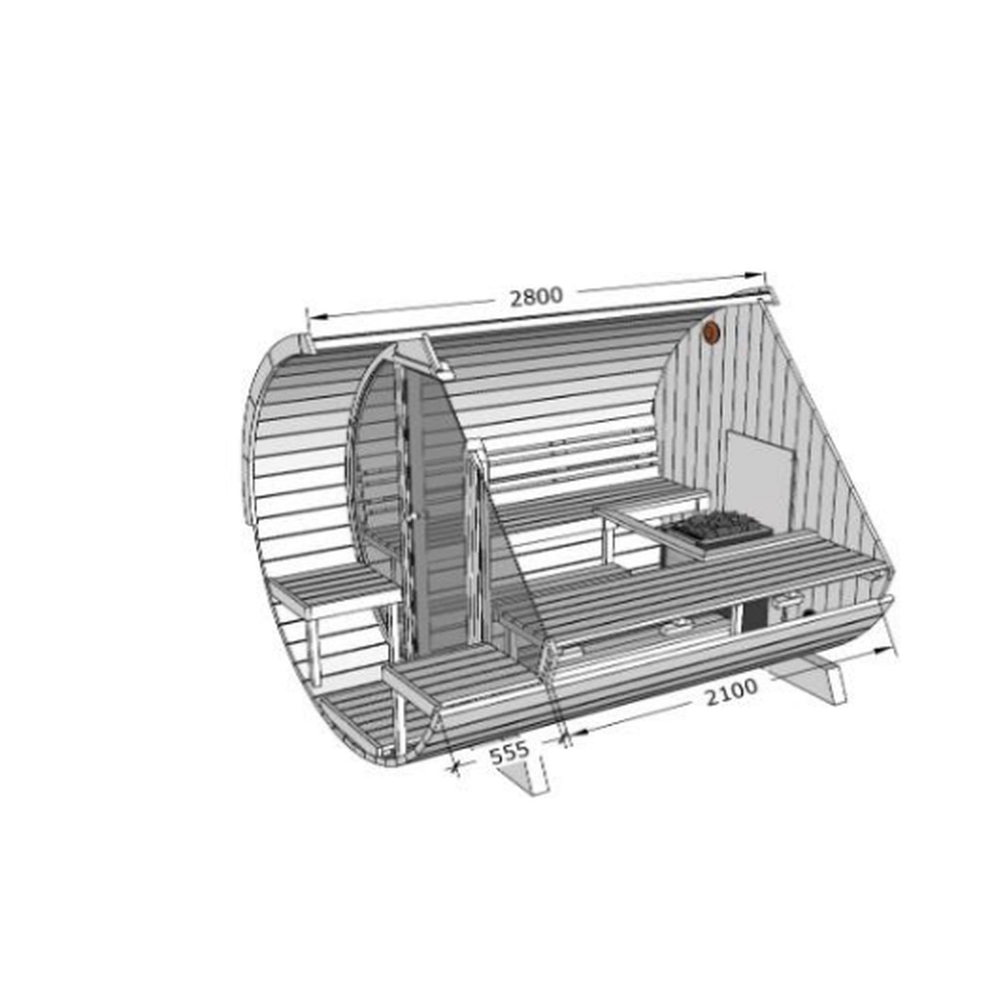 Saaren 280 Panorama cutaway drawing with dimensions: 2800 mm total length, 2100 mm sauna room, 555 mm terrace