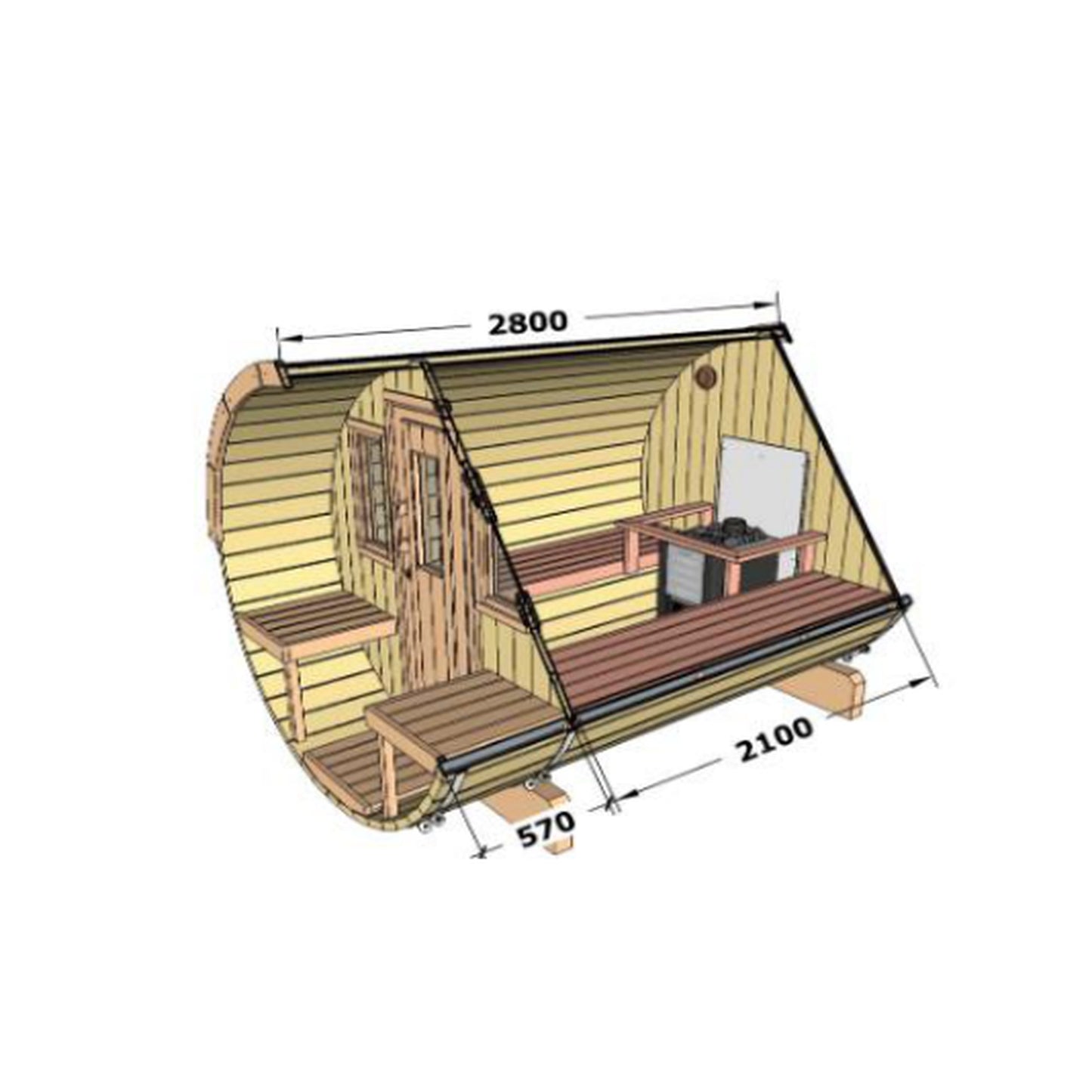 Saaren 280 dimensions: 2800 mm long, 2050 mm diameter, 2100 mm sauna room plus 570 mm terrace