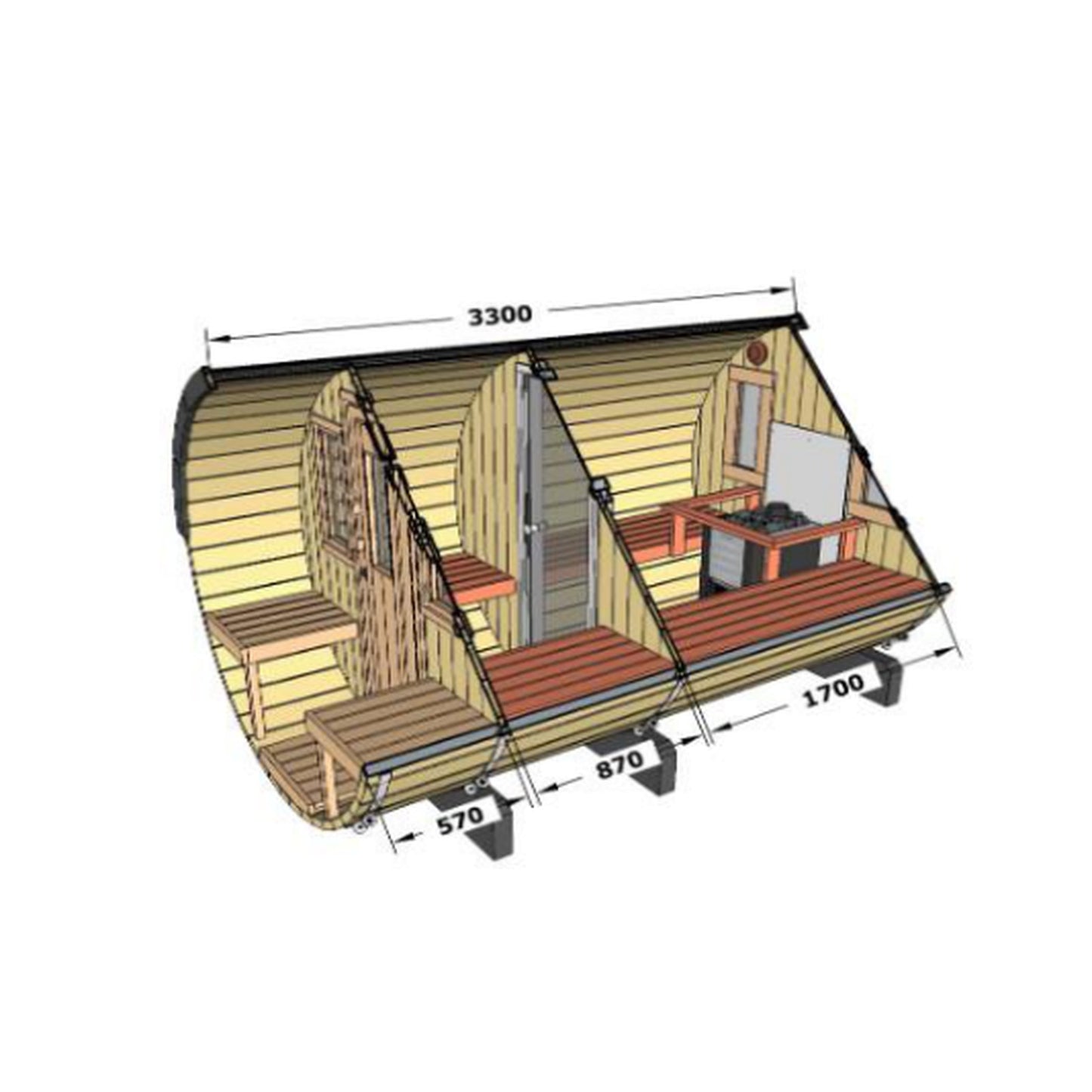 Saaren 330 dimensions: 3300 mm long, 2050 mm diameter, 1700 mm hot room plus 870 mm changing room plus 570 mm terrace
