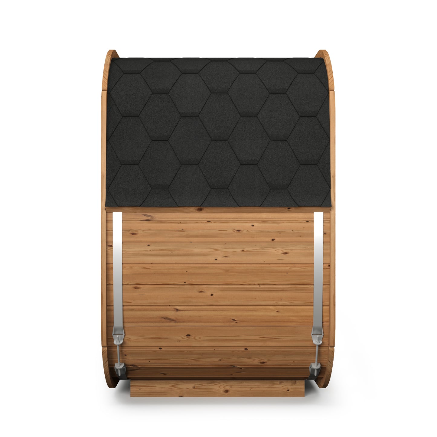 Side view of the Steam & Oak Solo 205 sauna showing curved bitumen shingle roof and stainless steel bands