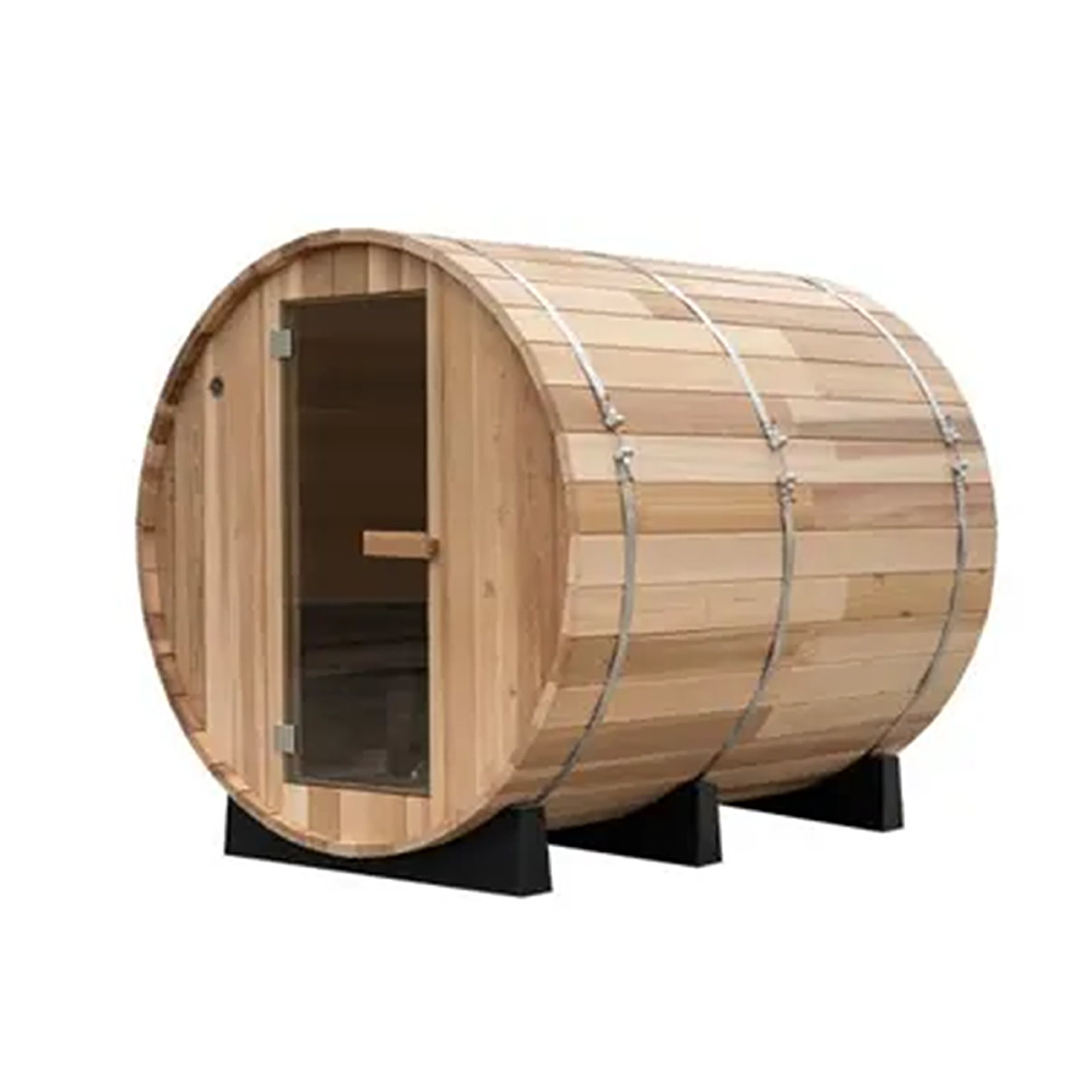 Rear three-quarter view of the panoramic barrel sauna