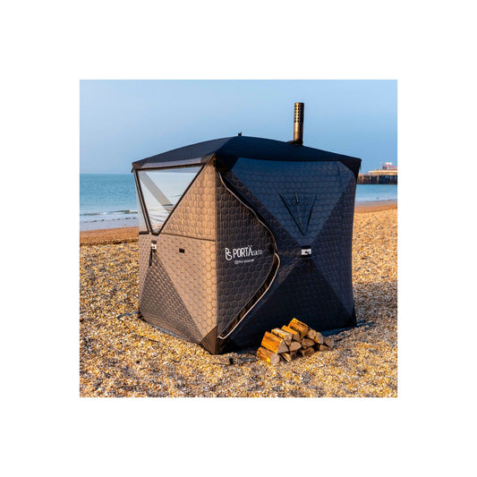Wood burning sauna tent in a UK garden — PortaSauna HEX