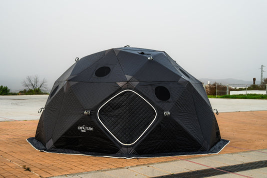 Off-grid gas sauna tent pitched in a UK field