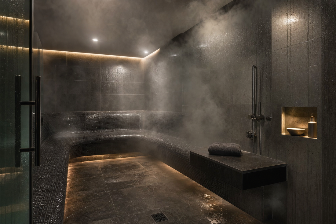 Interior of a modern steam room filled with soft steam