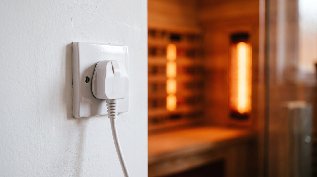 UK 13-amp plug in a wall socket with a warm sauna glow in the background