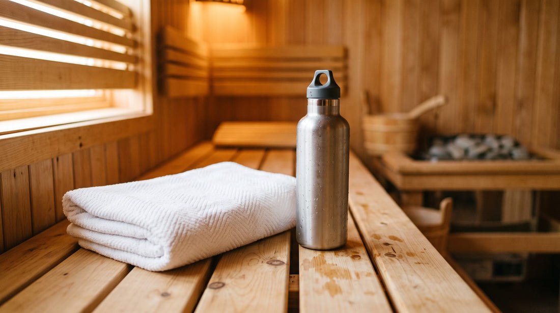 White towel and water bottle on a warm sauna bench