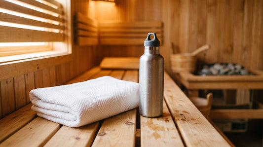 White towel and water bottle on a warm sauna bench