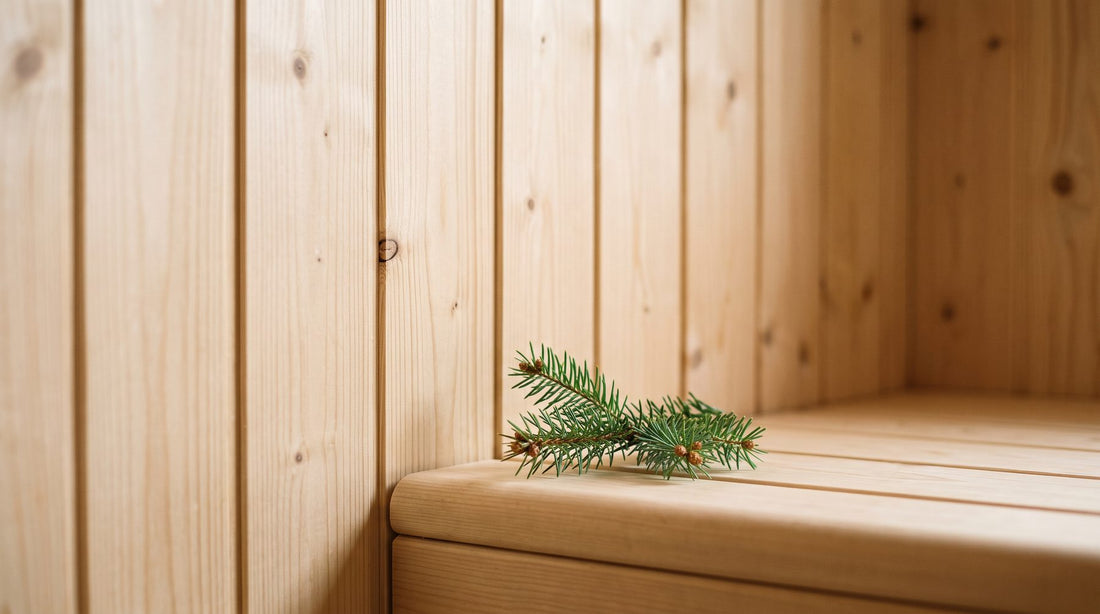 Close-up of pale Canadian hemlock sauna panelling with fine straight grain