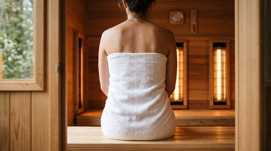 Relaxing on the bench of a warm infrared sauna
