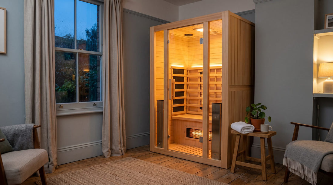 Home infrared sauna cabin glowing warm in a UK spare room