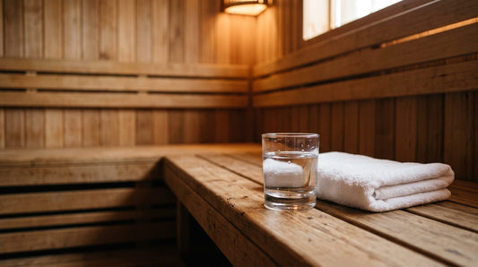 Glass of water and folded towel on a hemlock sauna bench