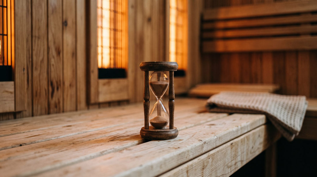 Small wooden sand timer on a hemlock sauna bench in warm amber light