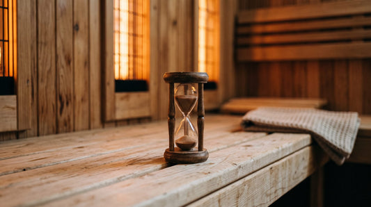 Small wooden sand timer on a hemlock sauna bench in warm amber light