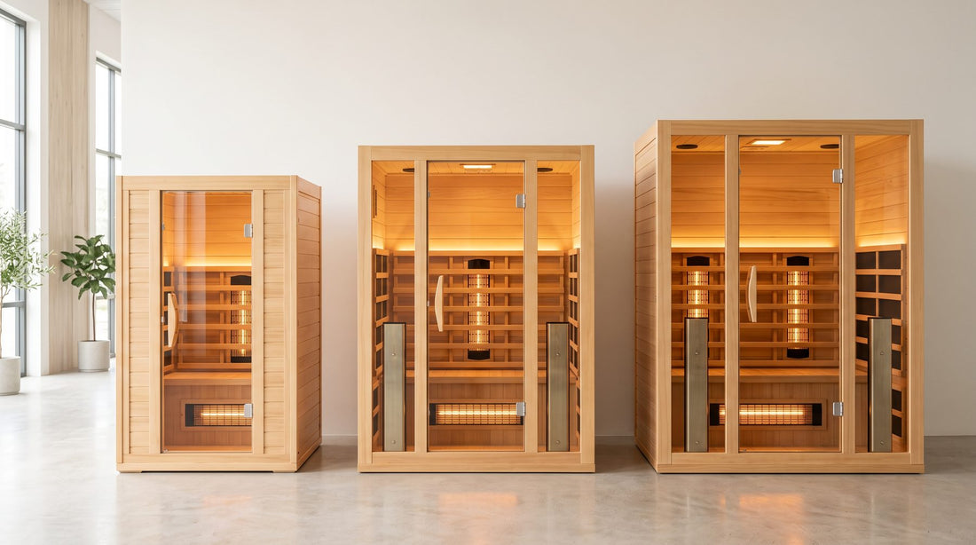 Three light-wood infrared sauna cabins in ascending sizes with glass fronts