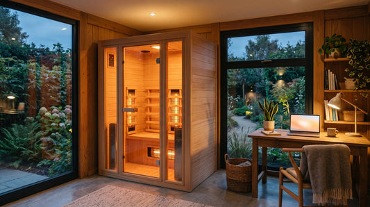 Compact infrared sauna cabin glowing warm in a UK garden office