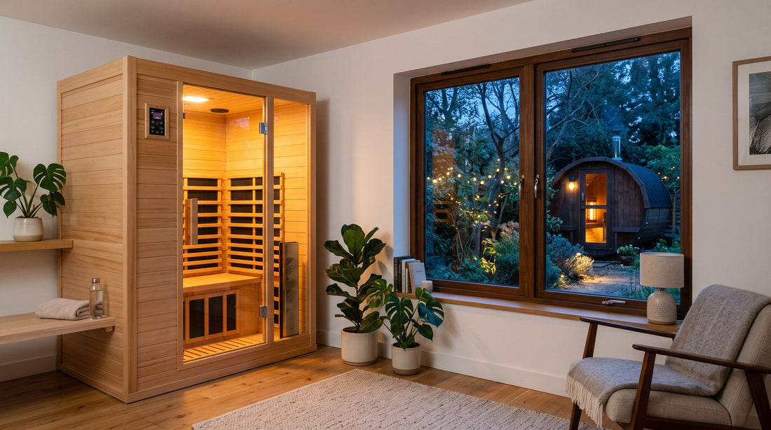 Compact infrared sauna indoors with a traditional barrel sauna in the garden beyond