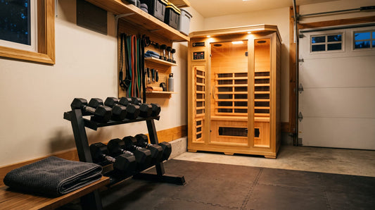 Home gym corner with dumbbells and a towel, infrared sauna glowing in the background