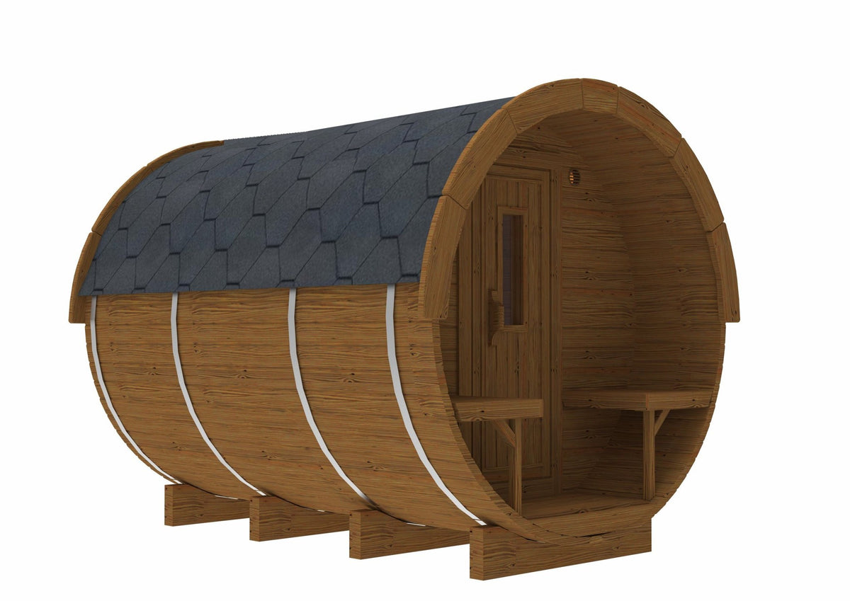 Steam and Oak Holvi 300 thermowood barrel sauna with covered porch and stainless steel bands