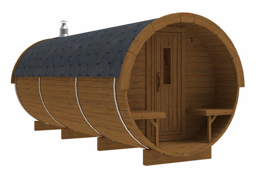Holvi 590 large thermowood barrel sauna with covered terrace and stainless steel bands