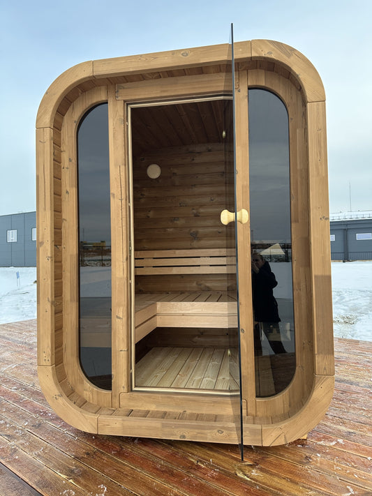 Ruutu 150 two person mini sauna with tinted glass front
