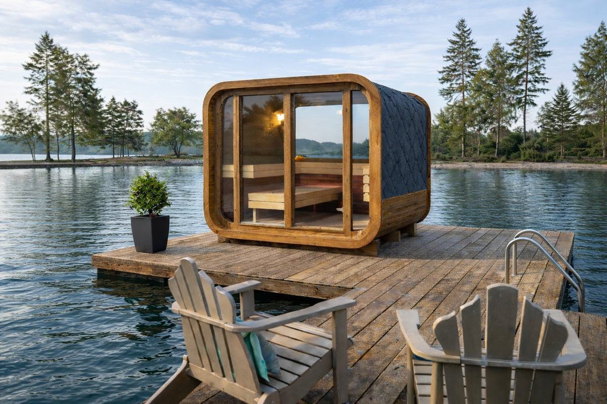 Steam and Oak Ruutu 230 thermowood cube sauna with glass front beside a lake