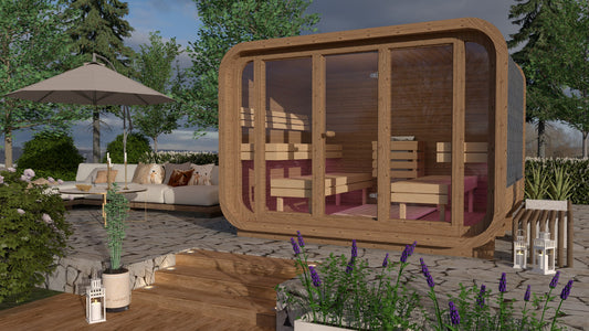 Ruutu 300 glass front cube sauna on a garden terrace, visualisation
