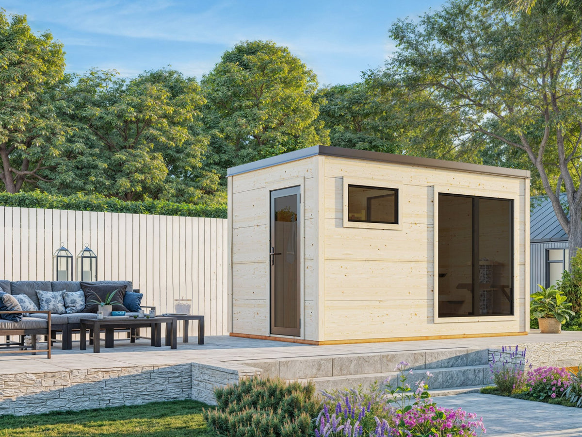 Kivi 390 sauna house in a garden