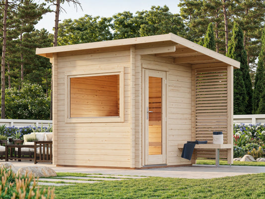 Leil 230 garden sauna house in a garden