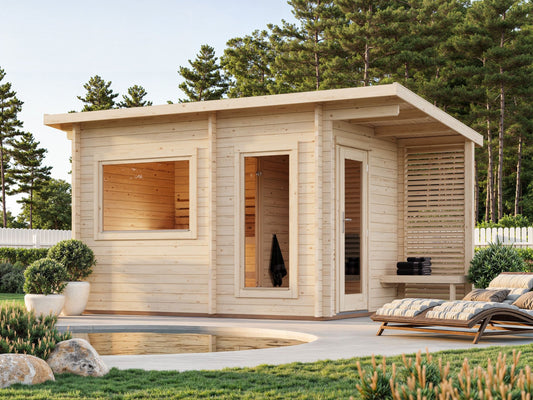 Leil 370 sauna with dressing room in a garden