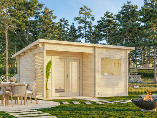 Leil 500 Trio three room sauna house in a garden