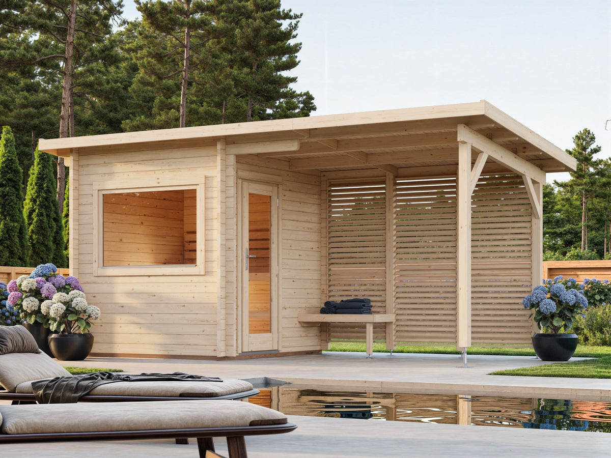 Leil 510 Canopy sauna with covered canopy in a garden