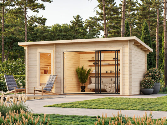Leil 520 Slide sauna and garden room in a garden