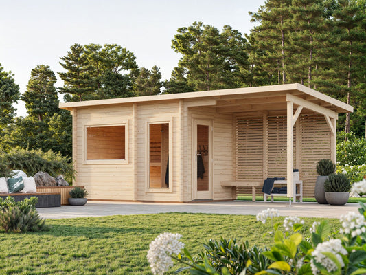 Leil 650 Canopy sauna with dressing room and canopy in a garden