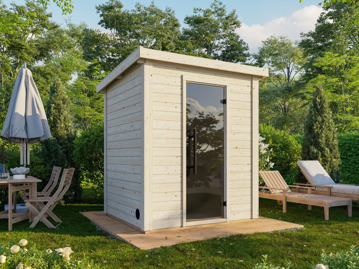 Udu 180 garden sauna in natural spruce in a garden