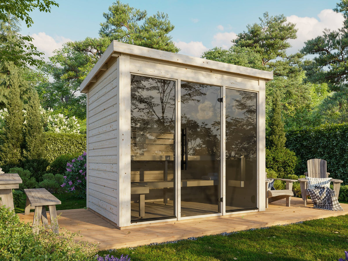 Udu 250 garden sauna in natural spruce in a garden