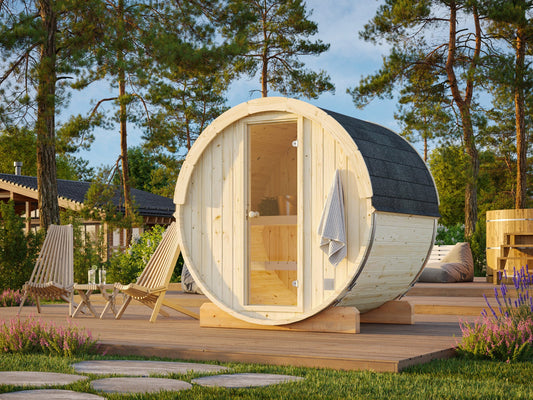 Vaat 200 barrel sauna in Nordic spruce in a garden