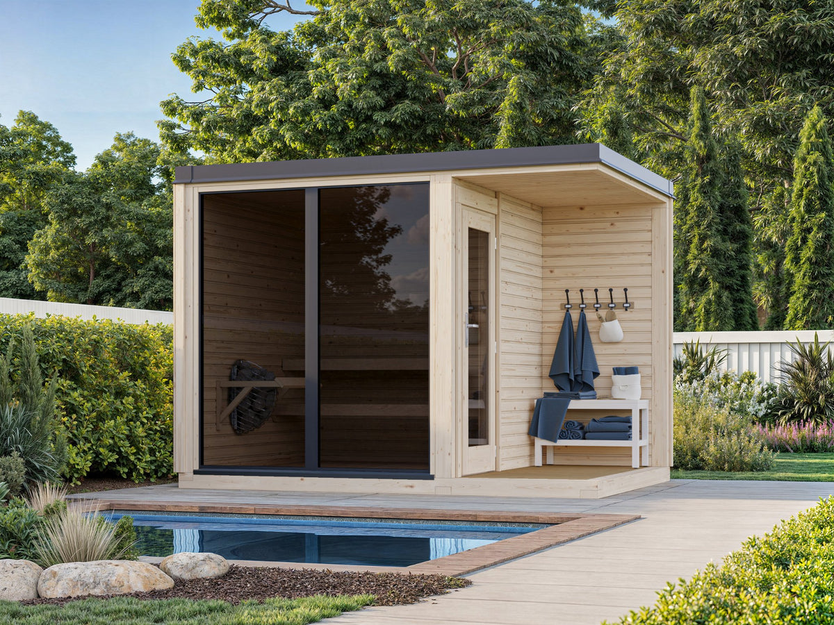 Valgus 320 modern glass front sauna in a garden