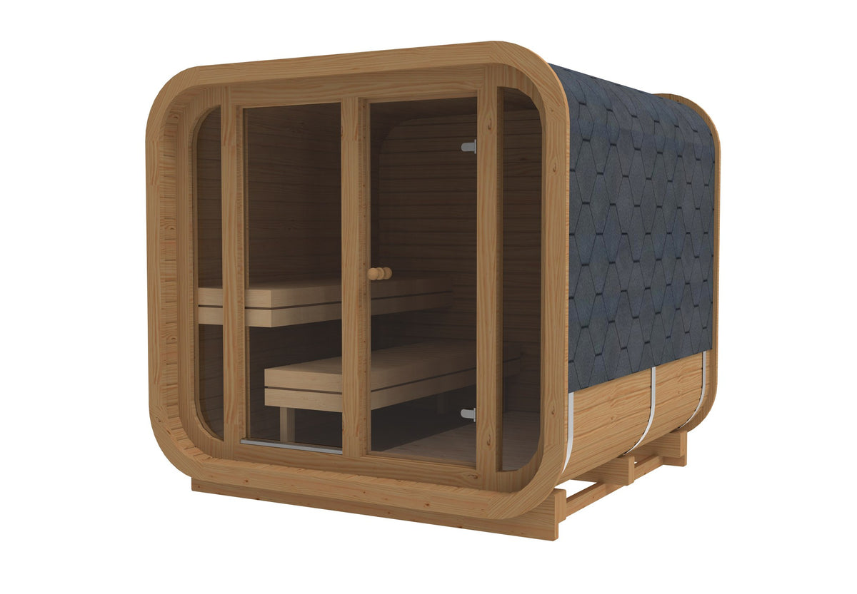 Ruutu 230 cube sauna from the side showing the black shingle roof and tiered benches