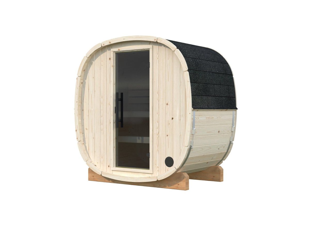 Koda 130 sauna in Nordic spruce with a timber front