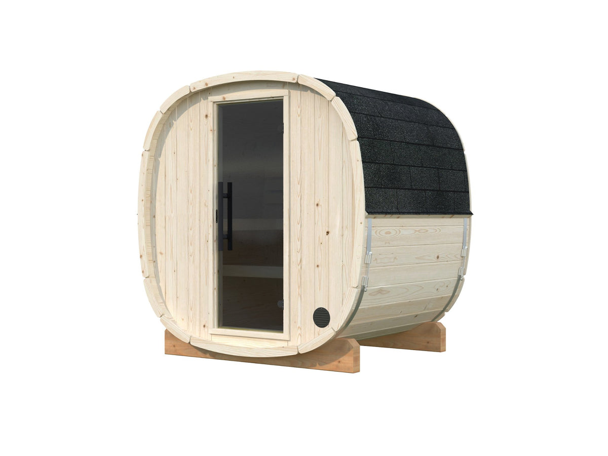 Koda 160 sauna in Nordic spruce with a timber front