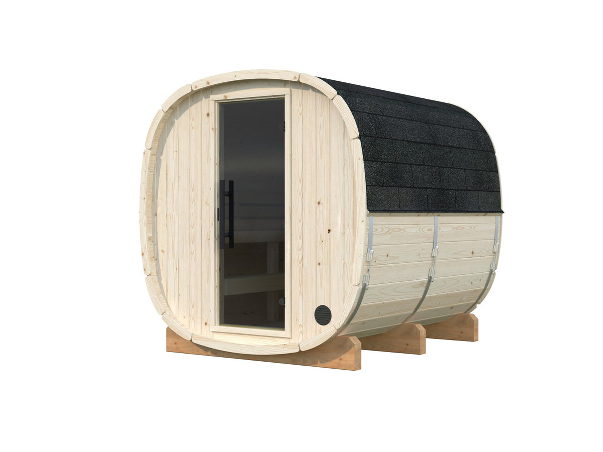 Koda 220 sauna in Nordic spruce with a timber front