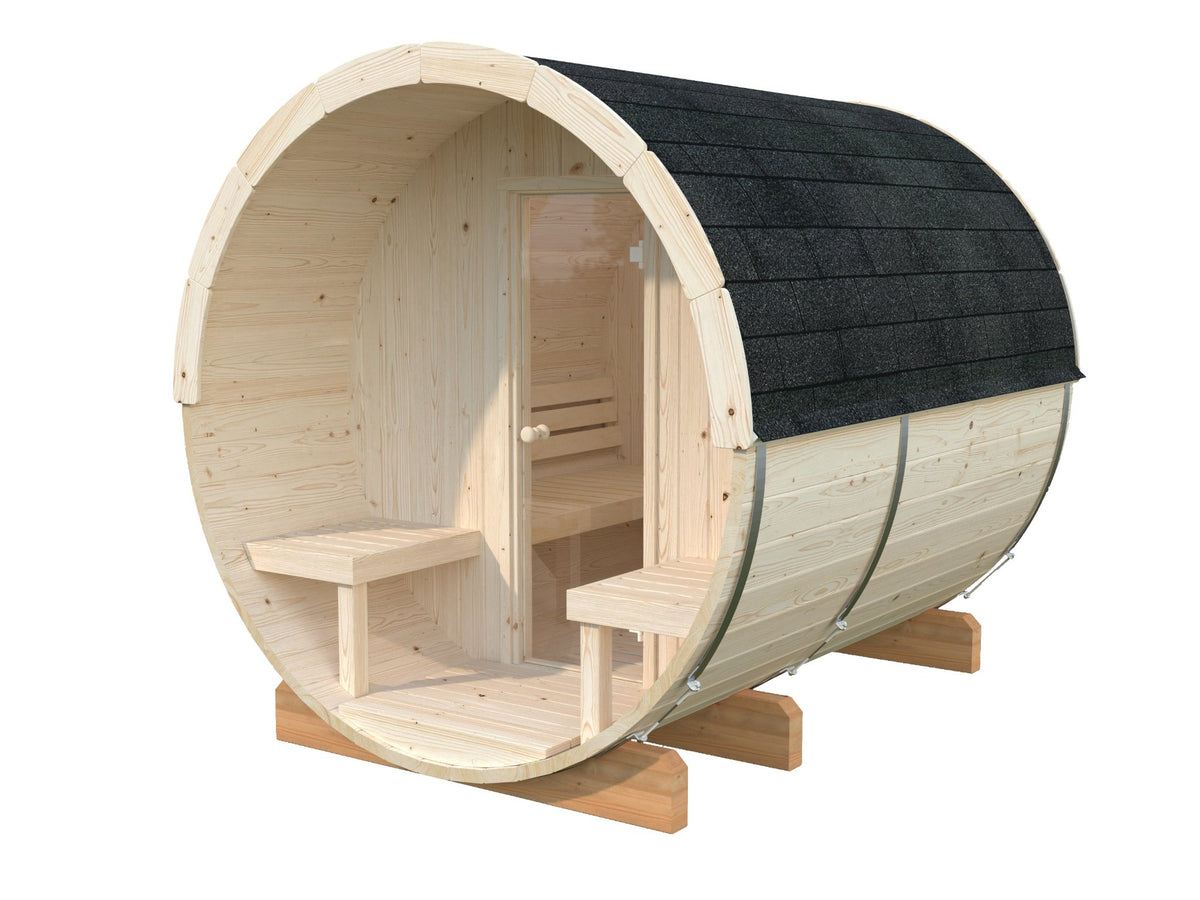 Vaat 250 barrel sauna in Nordic spruce with a timber front