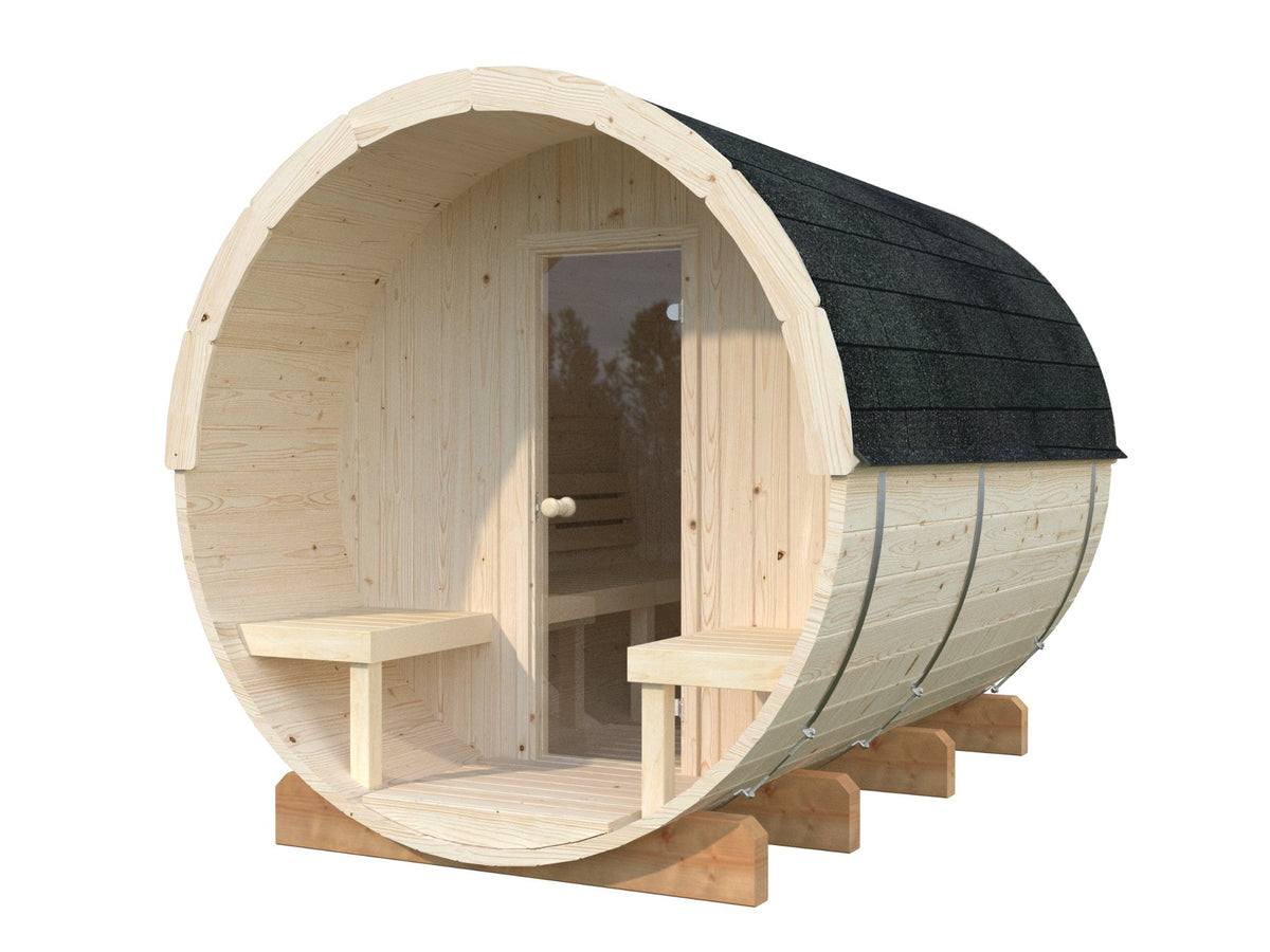 Vaat 290 barrel sauna in Nordic spruce with a timber front